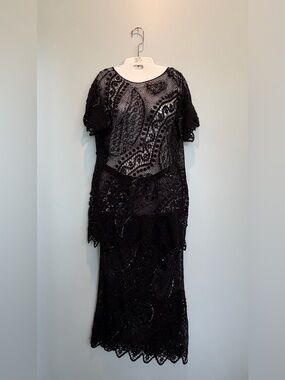 Lim’s Hand Crocheted sequin beaded sheer evening black top and skirt set Vintage